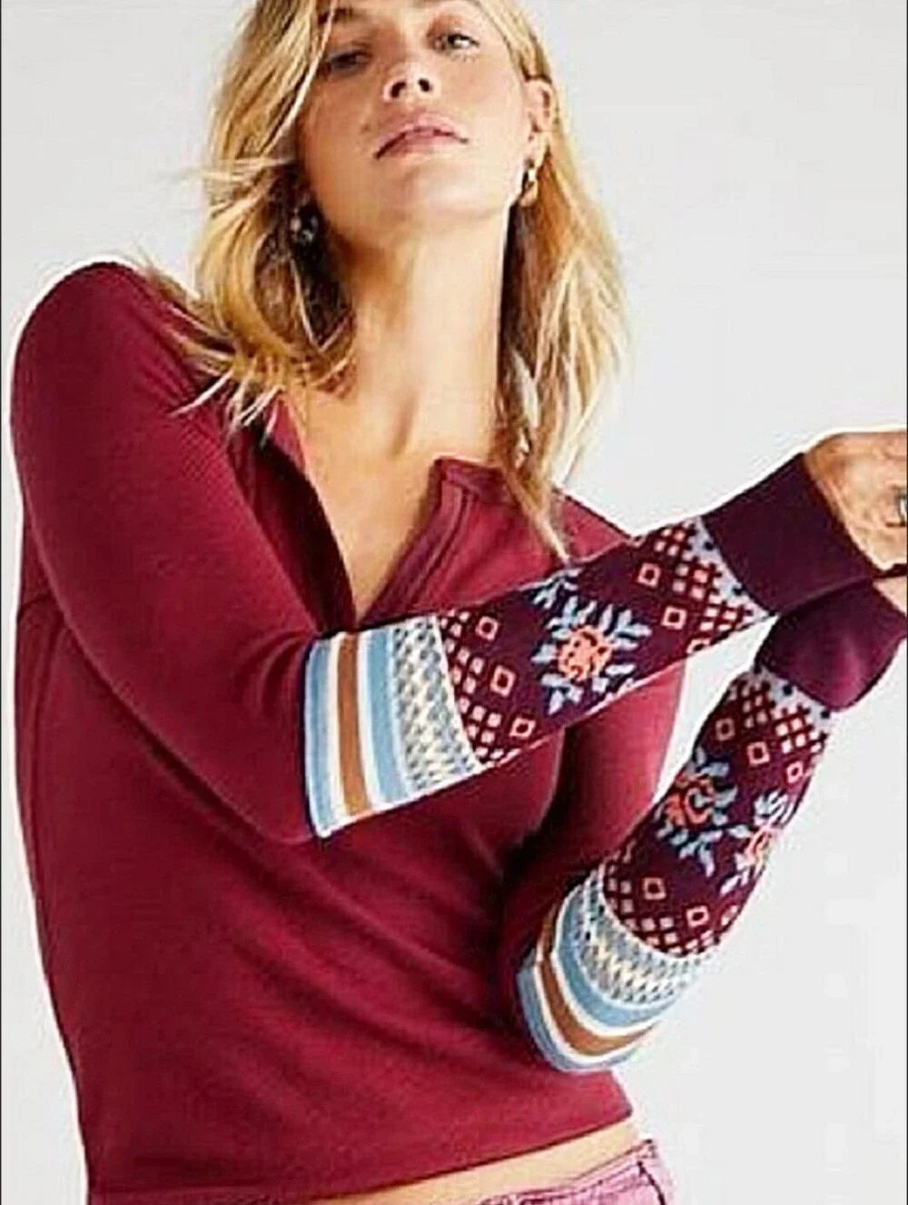 Free People Mikah Notch V Neck Long Sleeve Thermal with Patterned Cuff XS